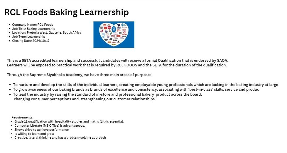 RCL Foods Baking Learnership